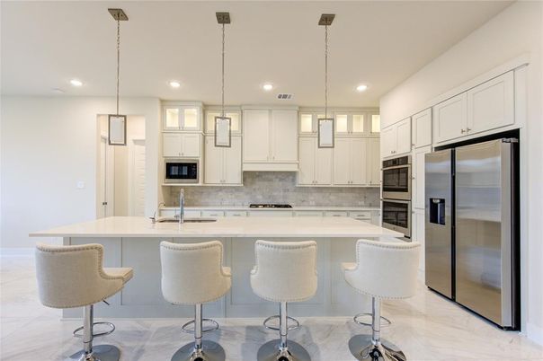 Interior, Kitchen, Marble, Pendant Lights, Recessed Lighting, Stainless Steel Appliances