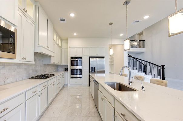 Interior, Kitchen, Marble, Pendant Lights, Recessed Lighting, Stainless Steel Appliances