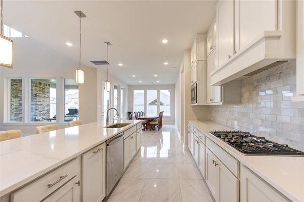 Dining room, Interior, Kitchen, Marble, Pendant Lights, Recessed Lighting, Stainless Steel Appliances