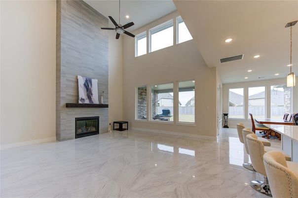 Dining room, Fireplace, Interior, Marble, Pendant Lights, Recessed Lighting
