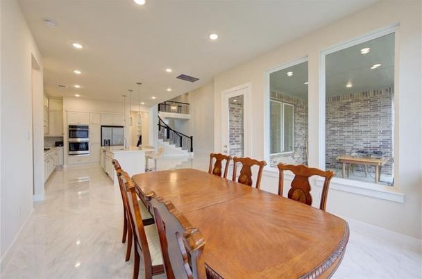 Dining room, Interior, Kitchen, Marble, Pendant Lights, Recessed Lighting, Stainless Steel Appliances