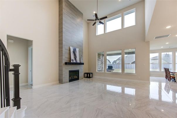 Dining room, Fireplace, Interior, Marble, Recessed Lighting