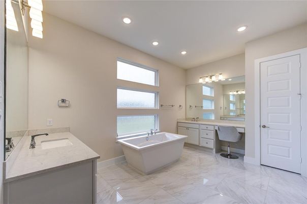 Bathroom, Dual Sink Vanities, Free Standing Baths, Interior, Marble, Recessed Lighting