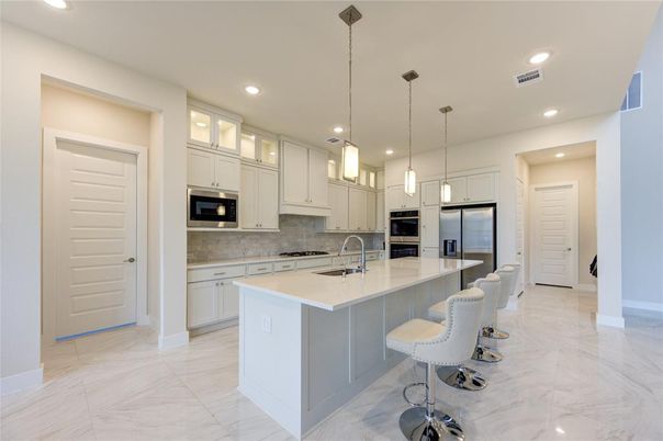 Interior, Kitchen, Marble, Pendant Lights, Recessed Lighting, Stainless Steel Appliances