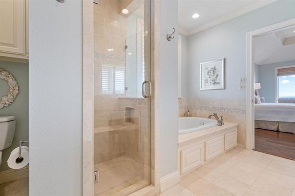 Bathroom, Bedroom, Glass Shower, Interior, Recessed Lighting, Wood Texture Flooring