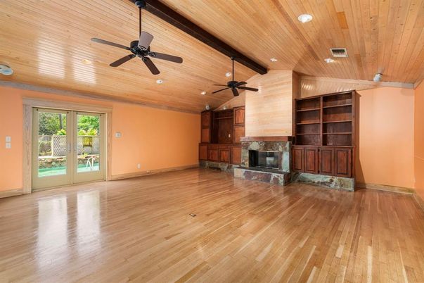 Empty room, Fireplace, Interior, Recessed Lighting, Wooden Ceilings, Wood Texture Flooring