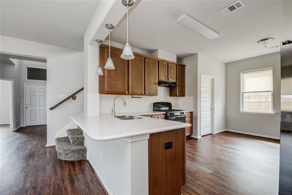 Interior, Kitchen, Pendant Lights, Stainless Steel Appliances, Wood Texture Flooring