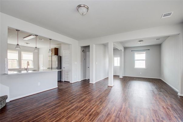 Empty room, Interior, Kitchen, Pendant Lights, Wood Texture Flooring