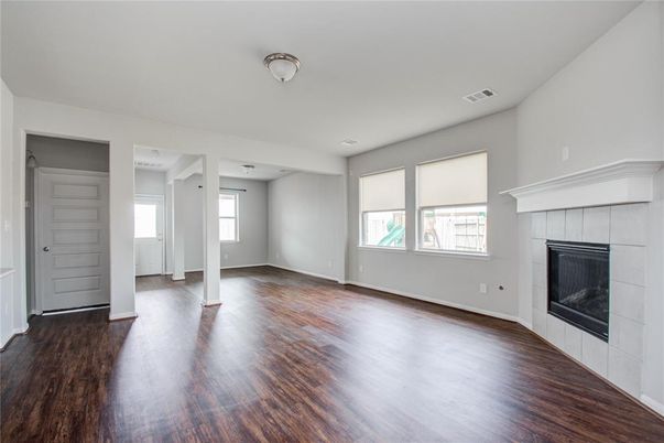 Empty room, Fireplace, Interior, Recessed Lighting, Wood Texture Flooring