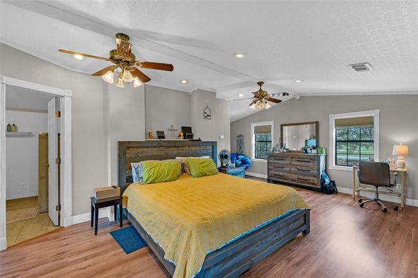 Bedroom, Interior, Recessed Lighting, Wood Texture Flooring
