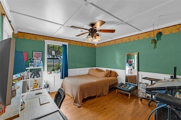Bedroom, Fireplace, Home Office, Interior, Wood Texture Flooring