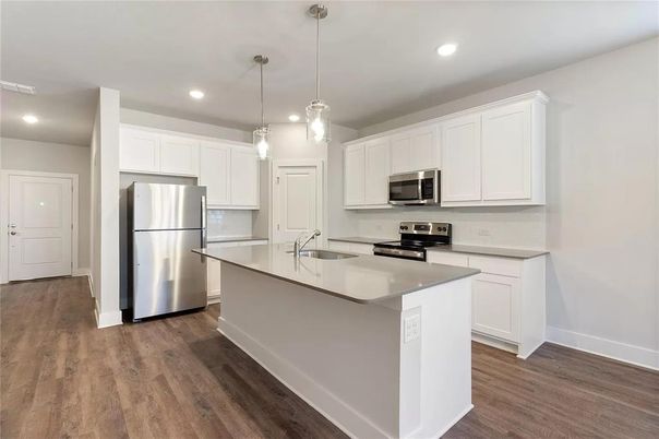 Interior, Kitchen, Pendant Lights, Recessed Lighting, Stainless Steel Appliances, Wood Texture Flooring