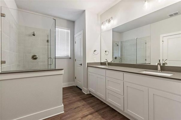 Bathroom, Dual Sink Vanities, Glass Shower, Interior, Wood Texture Flooring