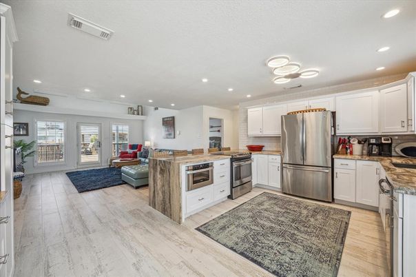 Interior, Kitchen, Living room, Recessed Lighting, Stainless Steel Appliances, Wood Texture Flooring