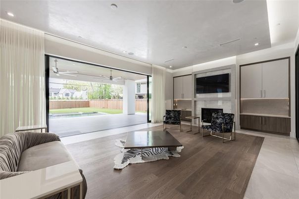 Fireplace, Interior, Living room, Recessed Lighting, Wood Texture Flooring