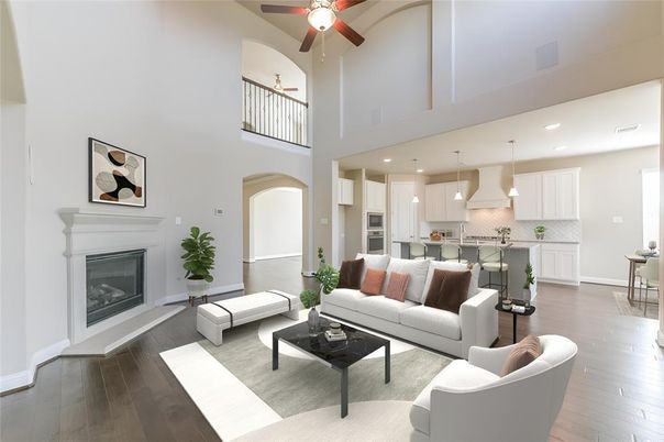 Fireplace, Interior, Kitchen, Living room, Pendant Lights, Recessed Lighting, Wood Texture Flooring