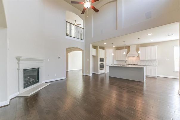 Fireplace, Interior, Kitchen, Pendant Lights, Recessed Lighting, Wood Texture Flooring