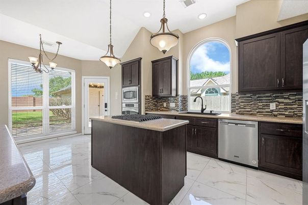 Interior, Kitchen, Marble, Pendant Lights, Recessed Lighting, Stainless Steel Appliances
