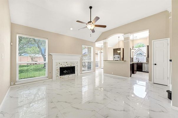 Empty room, Fireplace, Interior, Kitchen, Marble, Pendant Lights, Recessed Lighting
