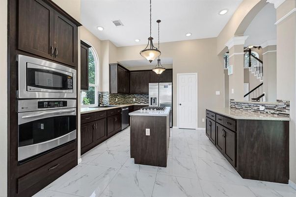 Interior, Kitchen, Marble, Pendant Lights, Recessed Lighting, Stainless Steel Appliances