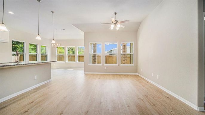 Empty room, Interior, Pendant Lights, Recessed Lighting, Wood Texture Flooring