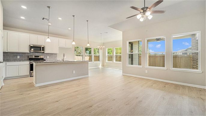 Chandelier, Interior, Kitchen, Pendant Lights, Recessed Lighting, Stainless Steel Appliances, Wood Texture Flooring