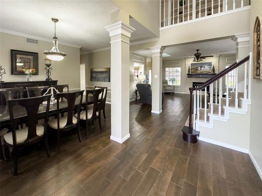 Dining room, Interior, Pendant Lights, Wood Texture Flooring