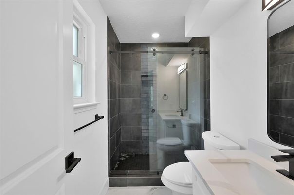 Bathroom, Dual Sink Vanities, Glass Shower, Interior, Marble, Recessed Lighting