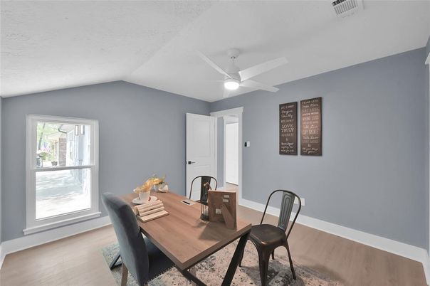 Dining room, Fireplace, Interior, Wood Texture Flooring