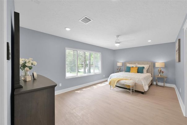 Bedroom, Interior, Recessed Lighting, Wood Texture Flooring