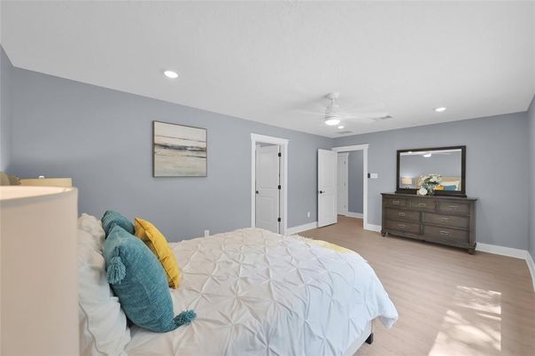 Bedroom, Interior, Recessed Lighting, Wood Texture Flooring