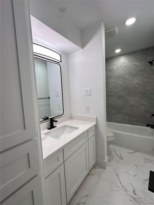 Bathroom, Dual Sink Vanities, Interior, Marble, Recessed Lighting