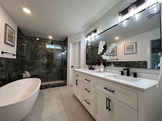 Bathroom, Dual Sink Vanities, Free Standing Baths, Glass Shower, Interior, Recessed Lighting