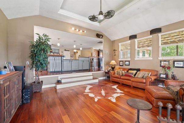 Interior, Kitchen, Living room, Pendant Lights, Wood Texture Flooring