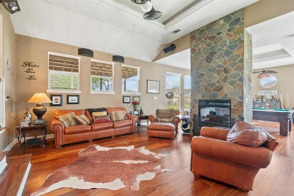Fireplace, Interior, Living room, Stone Walls, Wood Texture Flooring