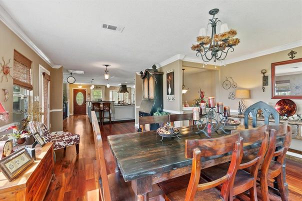Chandelier, Dining room, Interior, Pendant Lights, Wood Texture Flooring