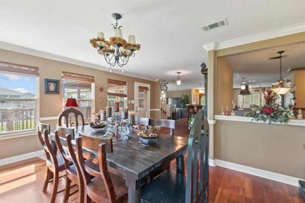 Chandelier, Dining room, Interior, Pendant Lights, Wood Texture Flooring