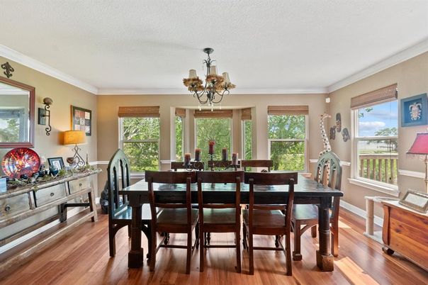 Chandelier, Dining room, Interior, Wood Texture Flooring