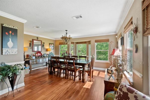 Chandelier, Dining room, Interior, Wood Texture Flooring
