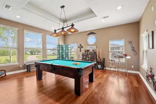 Billiard Table, Game Room, Interior, Pendant Lights, Recessed Lighting, Wood Texture Flooring