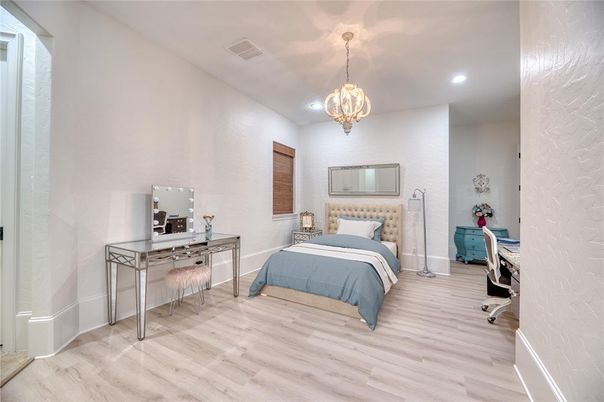 Bedroom, Home Office, Interior, Pendant Lights, Recessed Lighting, Wood Texture Flooring