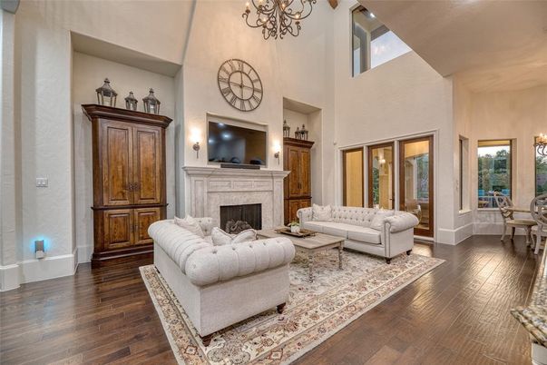 Chandelier, Dining room, Fireplace, Interior, Living room, Wood Texture Flooring