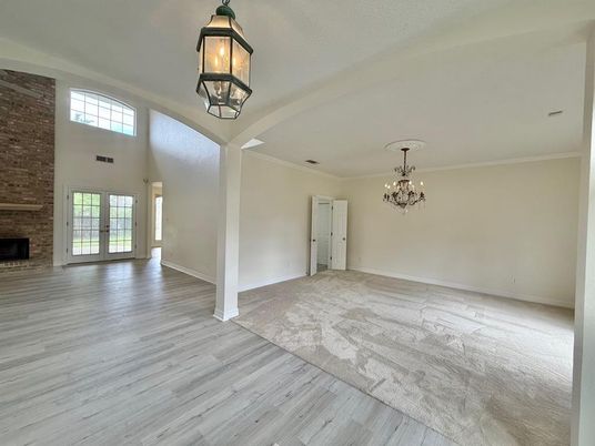 Chandelier, Empty room, Fireplace, Interior, Wood Texture Flooring