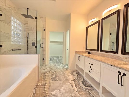 Bathroom, Dual Sink Vanities, Glass Shower, Interior, Marble Walls