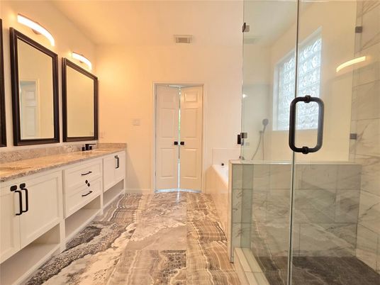Bathroom, Dual Sink Vanities, Glass Shower, Interior, Marble Walls