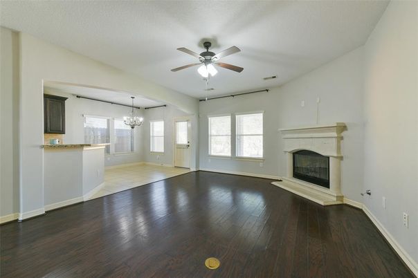 Chandelier, Empty room, Fireplace, Interior, Wood Texture Flooring