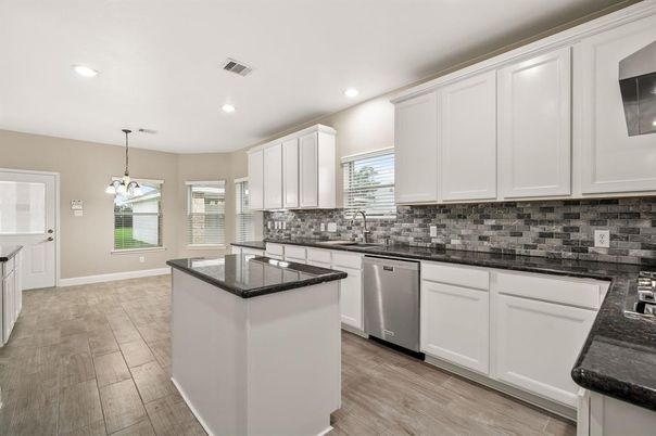 Chandelier, Interior, Kitchen, Pendant Lights, Recessed Lighting, Wood Texture Flooring