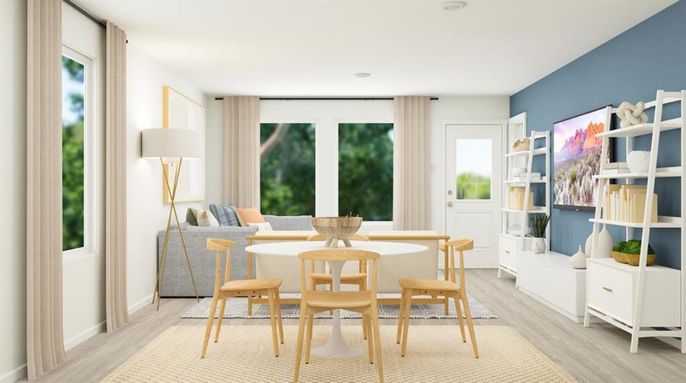 Dining room, Interior, Recessed Lighting, Wood Texture Flooring