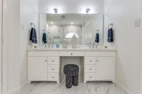 Bathroom, Dual Sink Vanities, Interior, Marble, Marble Walls, Recessed Lighting