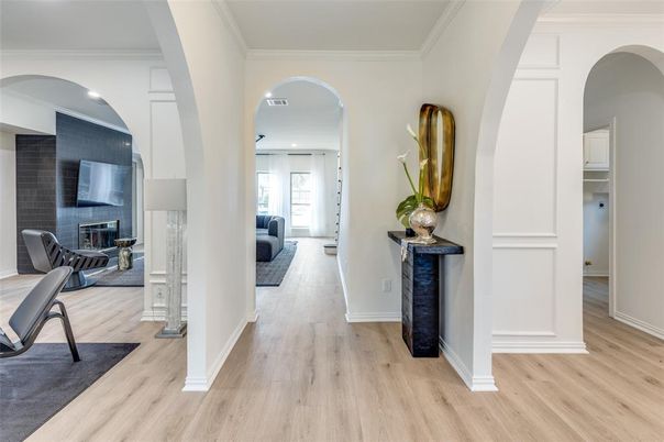 Fireplace, Interior, Recessed Lighting, Stone Walls, Wood Texture Flooring